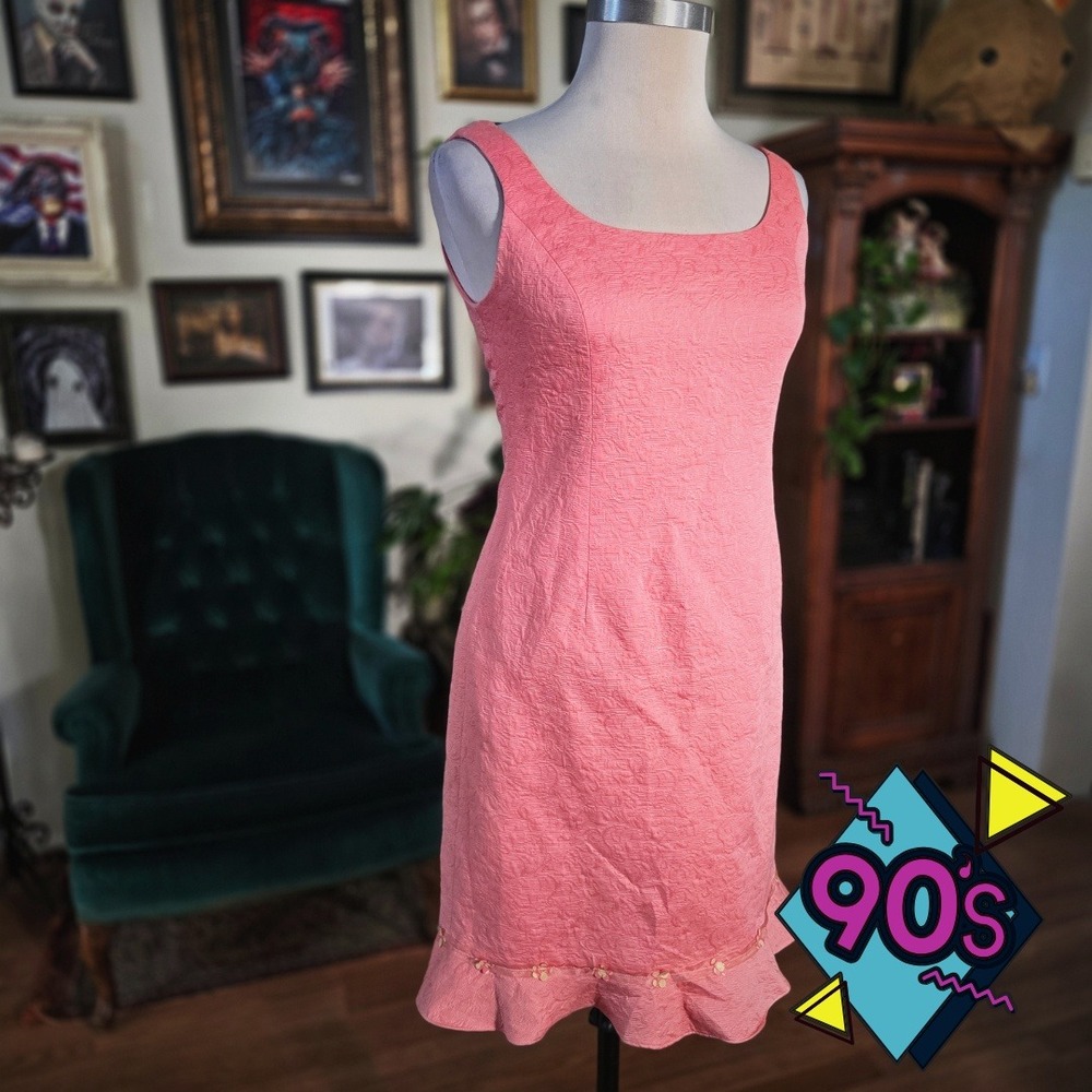 Vintage 90s Rickie Freeman Teri Jon Pink Shift Dress Floral Ruffle Hem Mini